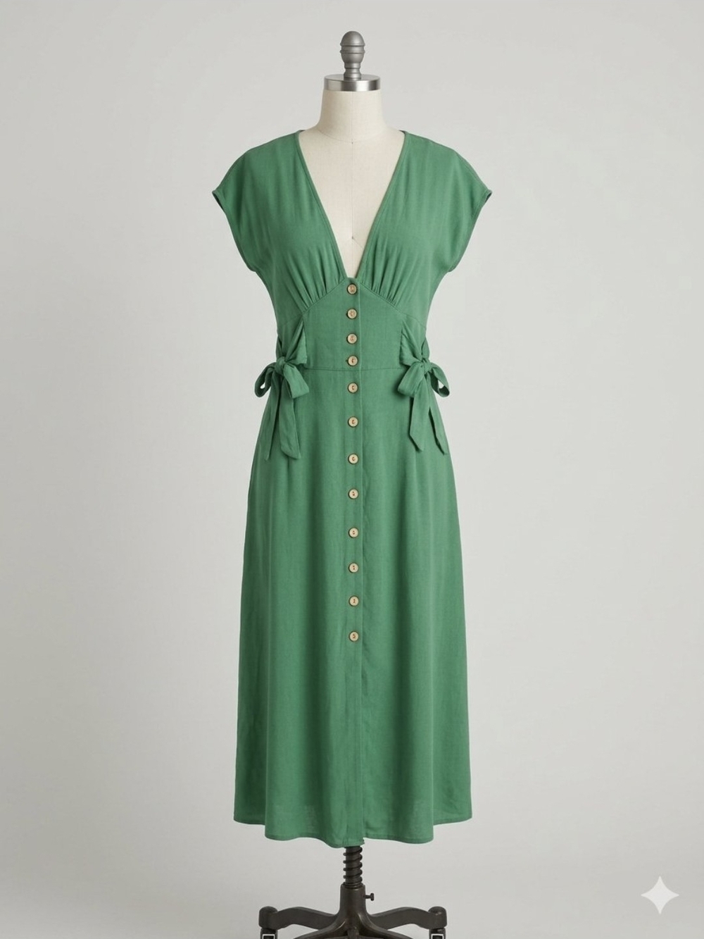 Forever 21 Green V-Neck Button-Front Midi Dress with Side Ties